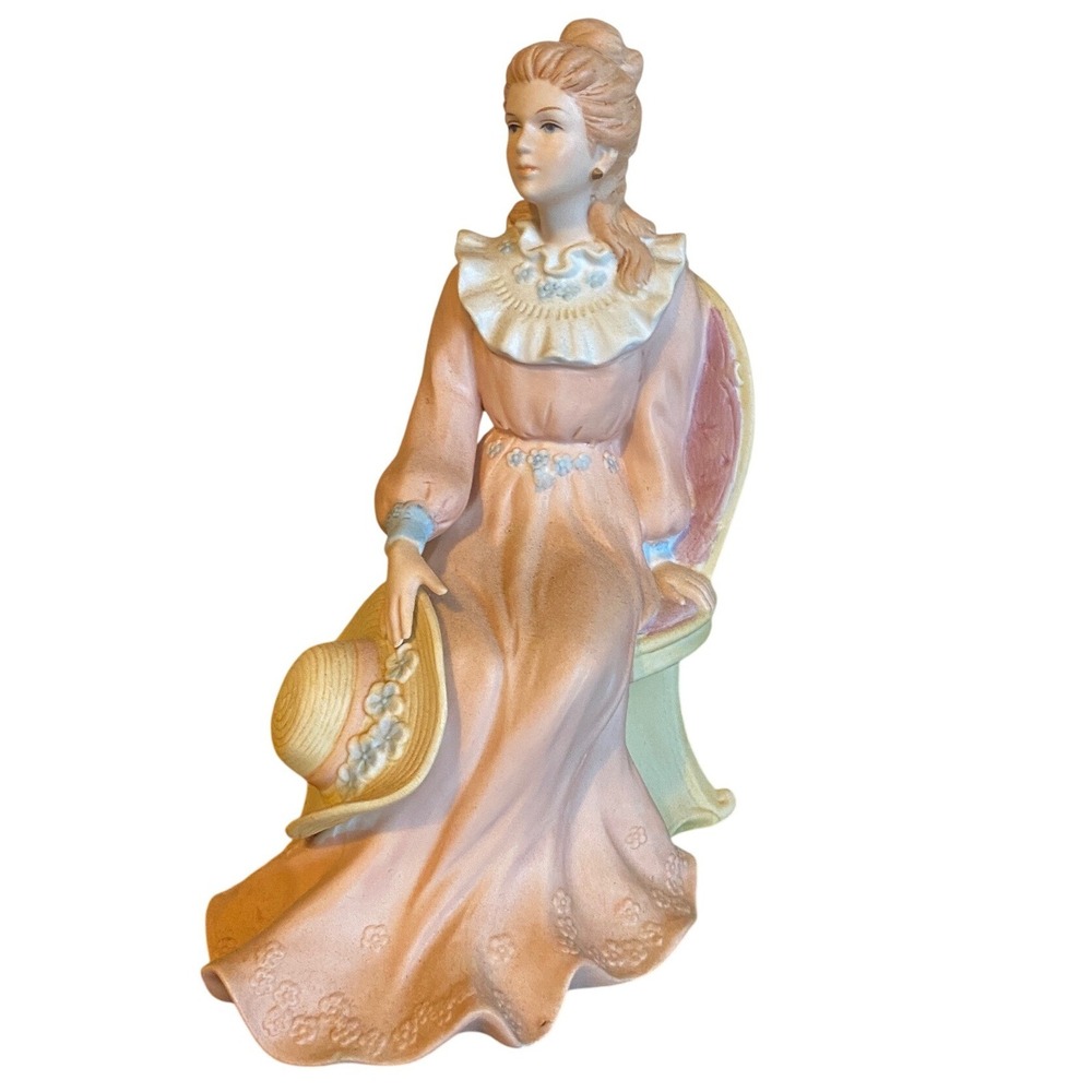 Vintage HOMCO Porcelain Bisque Seated Victorian Lady Figurine Peach Dress